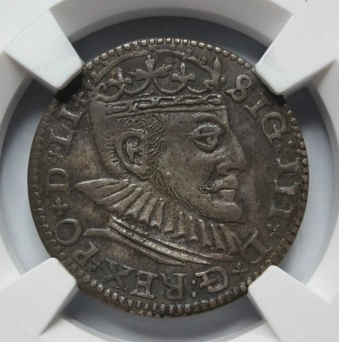 POLAND RIGA Lithuania 3 Grosze 1590 NGC AU 53 Trojak Sigismund Silver Grossus
