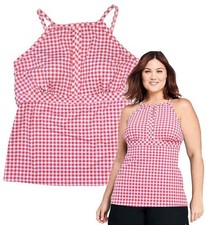 LANDS' END Draper James Womens 18 HIGH NECK KEYHOLE TANKINI TOP Red White Check