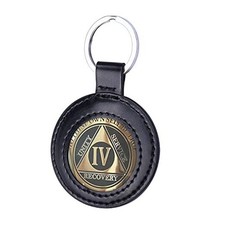 PU Leather Coin Holder Keychain for AA Medallion, Standard Challenge Black