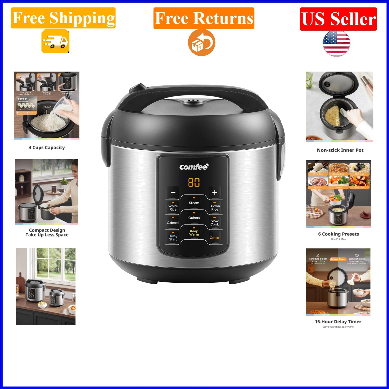 6-in-1 2QT Stainless Steel Compact Rice Cooker, Multi-Functional