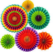 6-Pack Colorful Hanging Paper Fans - Assorted 8/12/16 Inch Fiesta Decor for Part