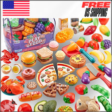Pretend Play Food for Kids Kitchen, Cutting Toy Food with Storage Bag 78 Pcs