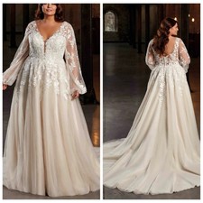 Puff Sleeve Lace Wedding Dress Wedding Dress Champagne 32-60 Plus Size Buttons
