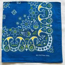 Vintage Mens Bandana Blue Cotton Yellow Paisley Floral Pattern Handkerchief 20"