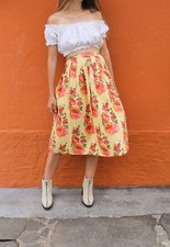 Yellow floral midi high waist skirt, Vintage Ungaro Ter Paris pleated wedding gu