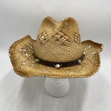 Vtg Scala Dorfman Pacific Straw Western Hat Raffle Wired Edge shapable 22 3/4"