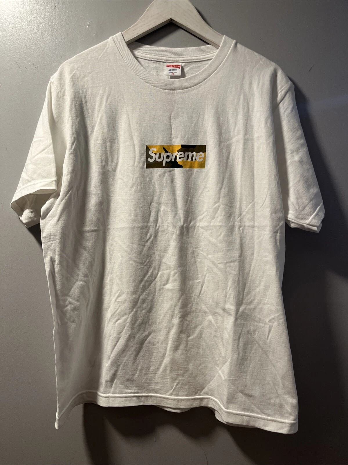 TEE SHIRT FW17 SUPREME BROOKLYN BOX LOGO BLANC JAUNE CAMOUFLAGE TAILLE XL 2017