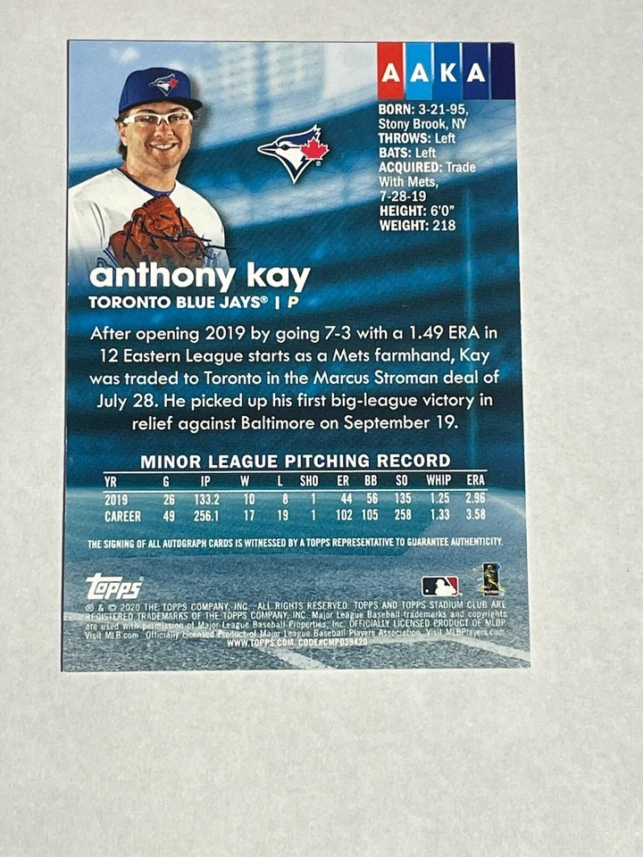 Anthony Kay 2020 Topps Stadium Club Rookie RC Autograph #AAKA Blue Jays Auto - Image 2 of 2