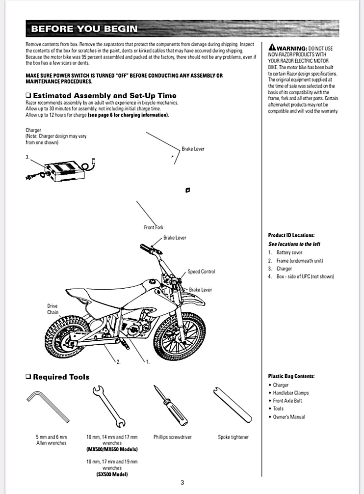 RAZOR DIRT ROCKET SX500 MX500 MX650 MOTORCYCLE OWNER S MANUAL