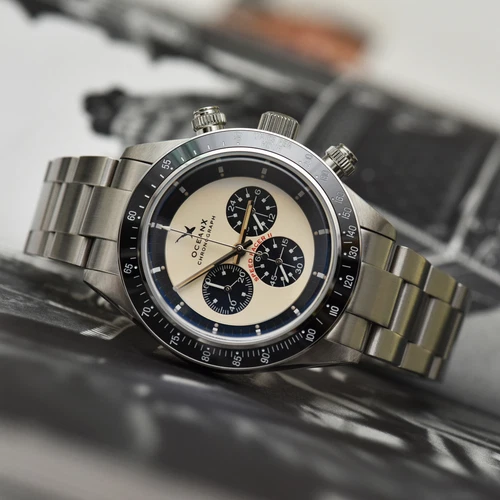 OceanX SRS212 Speed Racer II Men's Watch 41.5mm Cream Dial Panda Chronograph