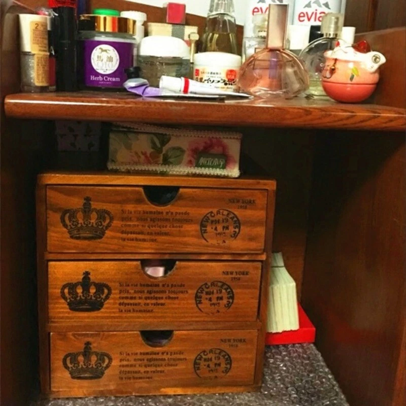 Storage Box Desktop Drawer Handbook File A4 Paper Shelf Wooden Vintage Cabinet - Image 3 of 4