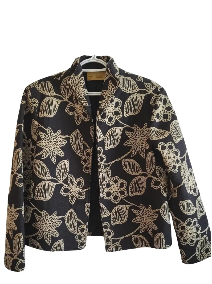Giacca Vintage Dipinta Pony Donna Aperta Blazer Ricamata Floreale USA