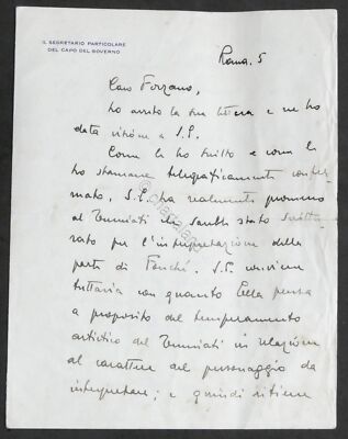 Letter with autograph Alessandro Chiavolini Secretary to the Head of Government 1930