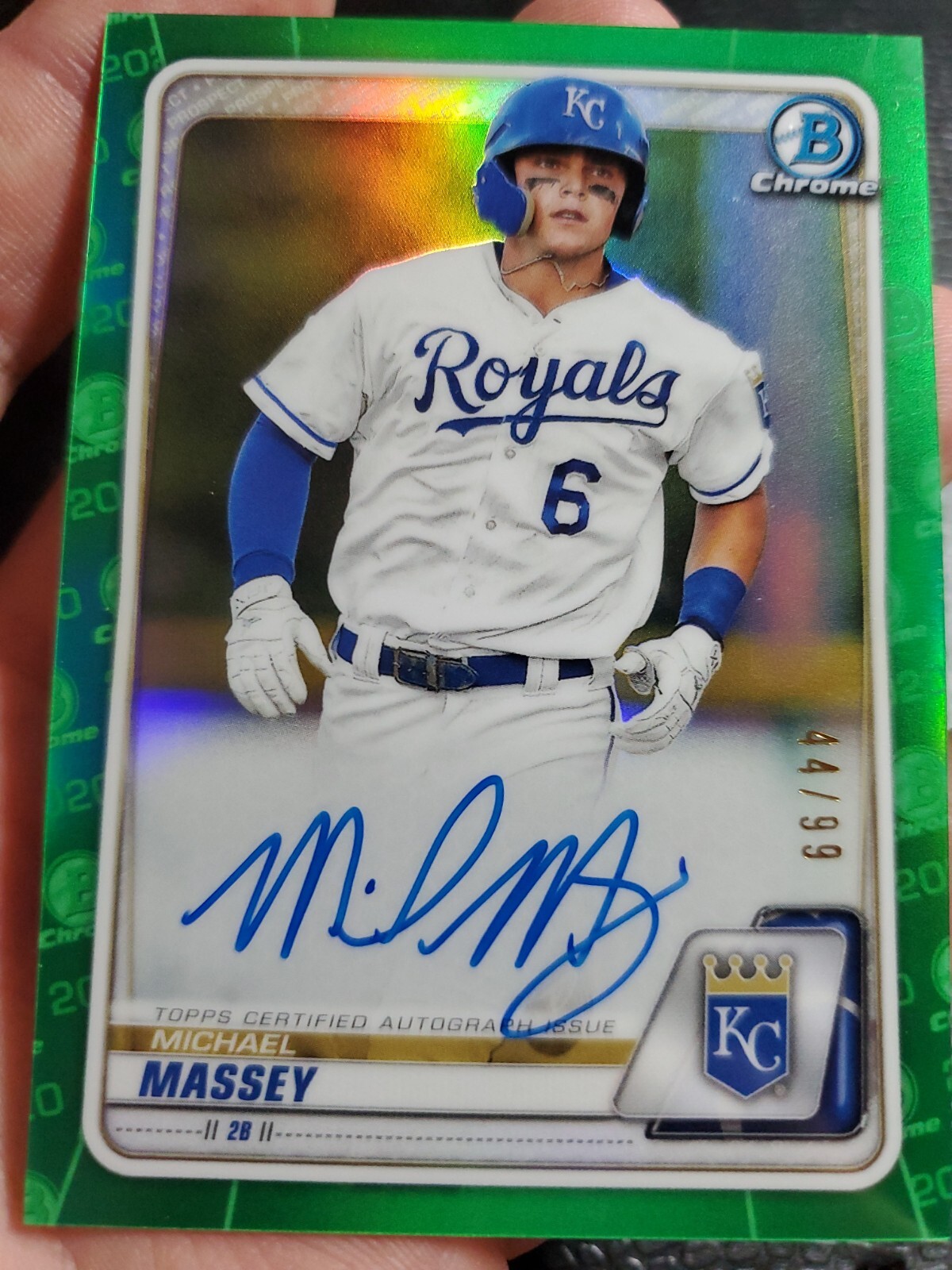 2020 Bowman Chrome Michael Massey Green Holo 44/99 Autograph On-Card Royals