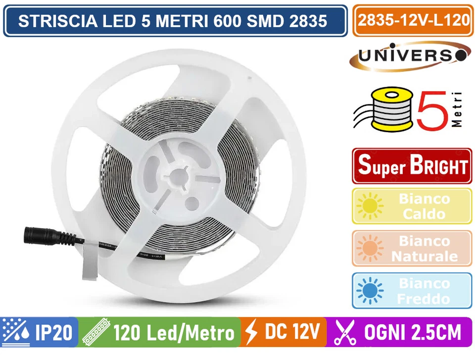 STRIP STRISCIA LED MONOCOLORE 5 METRI SMD 2835 120 LED METRO IP20 DC 12V - Immagine 4 di 4