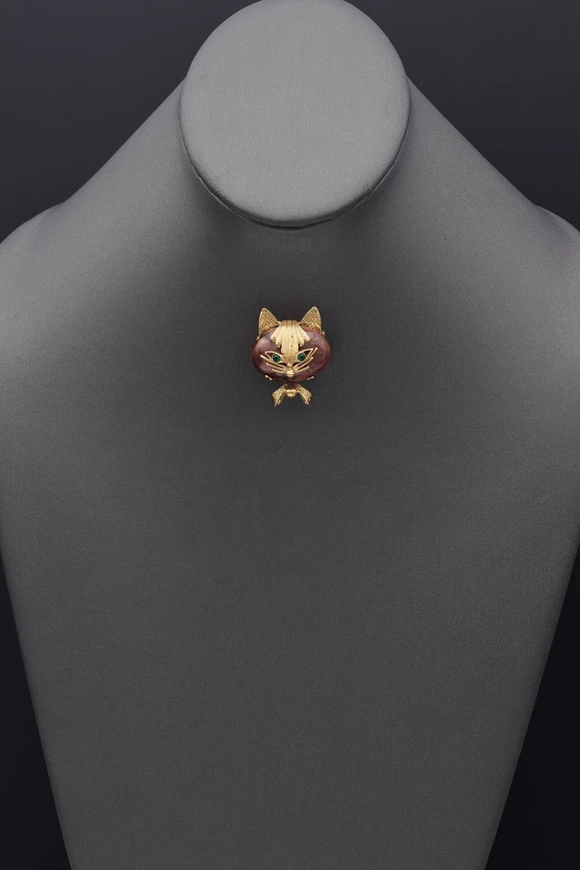 Broche prendedor vintage de oro amarillo de 14 quilates rosa marrón océano jaspe y pasta verde gato Foto 4 de 4