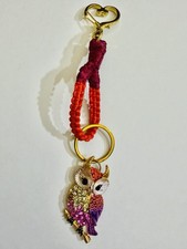 Beaded Crystals Owl Charm Keychain Braided Cord Jeweled Fall Colors Handmade
