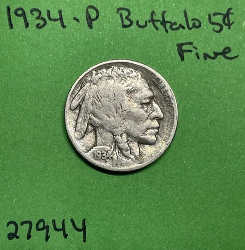 1934-P Buffalo 🦬 Indian Head Nickel 5c Fine