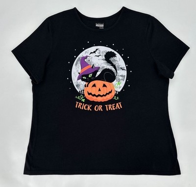Halloween Trick Or Treat T-Shirt Womens XXL Black Basic Editions Cat Pumpkin Y2K