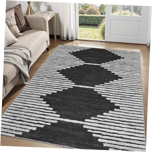 4x6 Geometric Washable Modern Neutral Stain Resistant Black Area Rug
