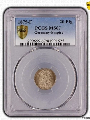 Kaiserreich 20 Pfennig 1875 F PCGS MS67 TOP POP 1/0, kleiner Adler Silber pfr., - Bild 1 von 3