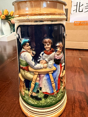 German Breweriana Lidded Beer Stein Pewter Lid Relief Scenes Blue Panels #604