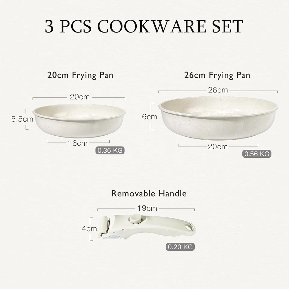 3pcs White Non Stick Cookware Set with Detachable Handle Frying Pan - Image 2 of 4
