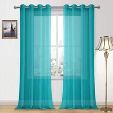 DWCN Turquoise Faux Linen Sheer Curtains, Grommet Voile Window Drapes, 52x90"