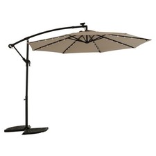 10ft Solar LED Offset Patio Umbrella w Lights, Tilt  Wind Vents Kahki