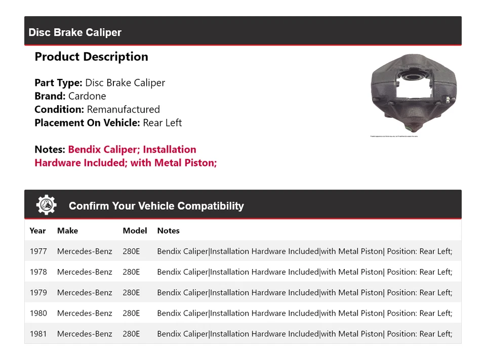 Pinza de freno de disco trasera izquierda cardone 1978 1979 para Mercedes-Benz 280E 1977-1981 Foto 2 de 4
