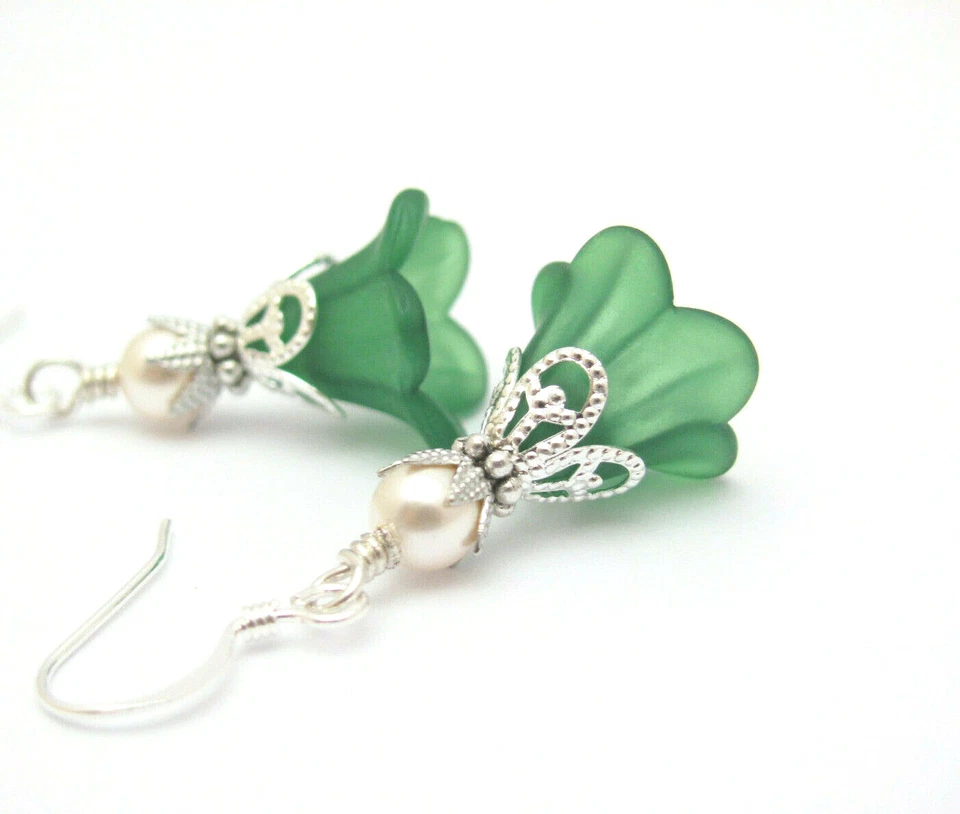 Green Flower Earrings Crystal Pearl Romancecore Gift For Girl Friend Ren Faire - Image 2 of 4