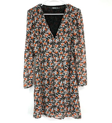 Missguided Dress Womens 10 Floral Print V Neck Long Sleeve Button Tie Waist Mini