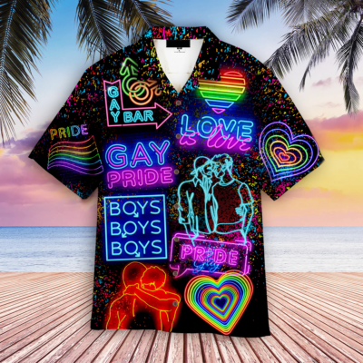 gay dress shirts LGBT Aloha Hawaiian Shirts For Summer, Neon Art Boy Gay Pride Colorful Rainbow LGBT Hawaiian Shirts, Gift For Couple Gaymer And Lesbian