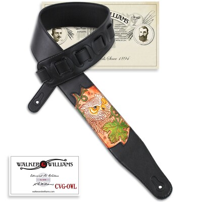 Walker & Williams CVG-OWL Hand Carved Owl w/ Leaf On Black Padded Strap