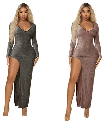 Split Thigh Glitter Dress Dark Grey NEW