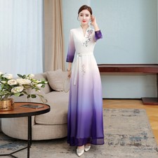 Women Chiffon Cheongsam Dress Belted Floral Gradient Color Long Gown Elegant