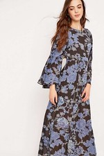 Free People Melrose Long Dress Size 2 Black Blue Floral Maxi Bell Long Sleeve