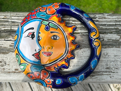 Eclipse Sun Moon Mexican Talavera Wall Art 8'' Hand Painted Ceramic B10