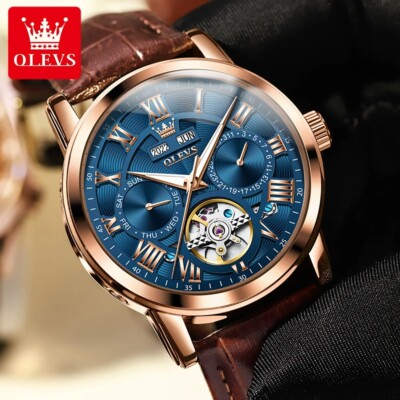 OLEVS Watch Automatic Mechanical Waterproof Luxury Date Leather Strap Men Men's