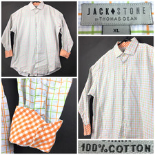 Jack Stone Mens XL Orange Green Check Plaid Long Sleeve Cotton Button Down 50