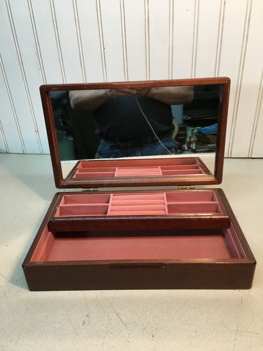 Vtg Victorian Wood Jewelry Trinket Stash Box Mirror Pink Felt