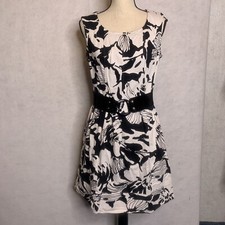 Peter Nygard Dress Womens 8 Black White A Line Belt Floral Sleeveless Zip