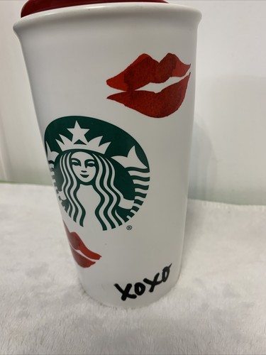 Starbucks XOXO Kisses Lips Travel Tumbler 12 oz. Ceramic Red Lid White - Picture 2 of 10