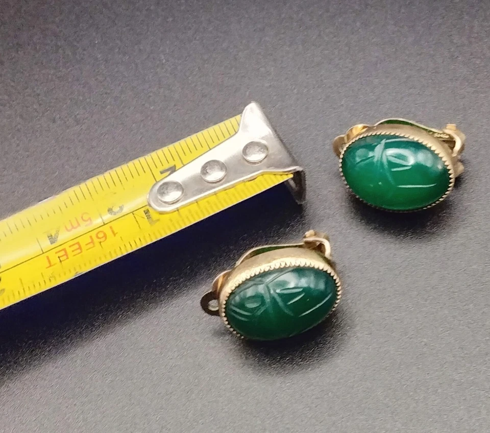 Pendientes de clip crisoprasa vintage de escarabajo tallado con piedras preciosas 1/20 12k GF Foto 4 de 4