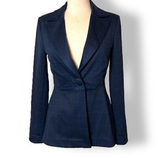 CAbi Sunset Kiss Windowframe Plaid Blazer Jacket Navy Blue Knit Sz 2
