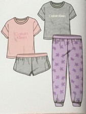 Calvin Klein Girls 4 Piece XSmall 5/6 Sleep Set Pajamas Pink and Gray NEW