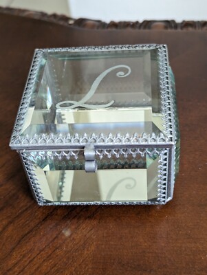 Nicole Miller Trinket Box Glass pewter Mirrored Monogrammed ''L'' Initial 2.5 x 3