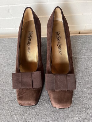 Yves Saint Laurent 1990s Brown Suede Bow Shoes Square Toe Block