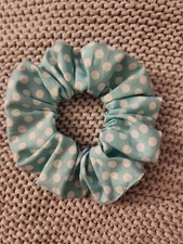 Handmade Hair Scrunchie Light blue with white polka dot theme