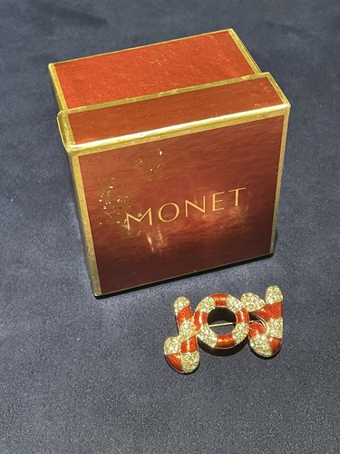 Vintage Monet Red Enamel JOY Brooch with Rhinestones - Silver Tone - Bild 2 von 6